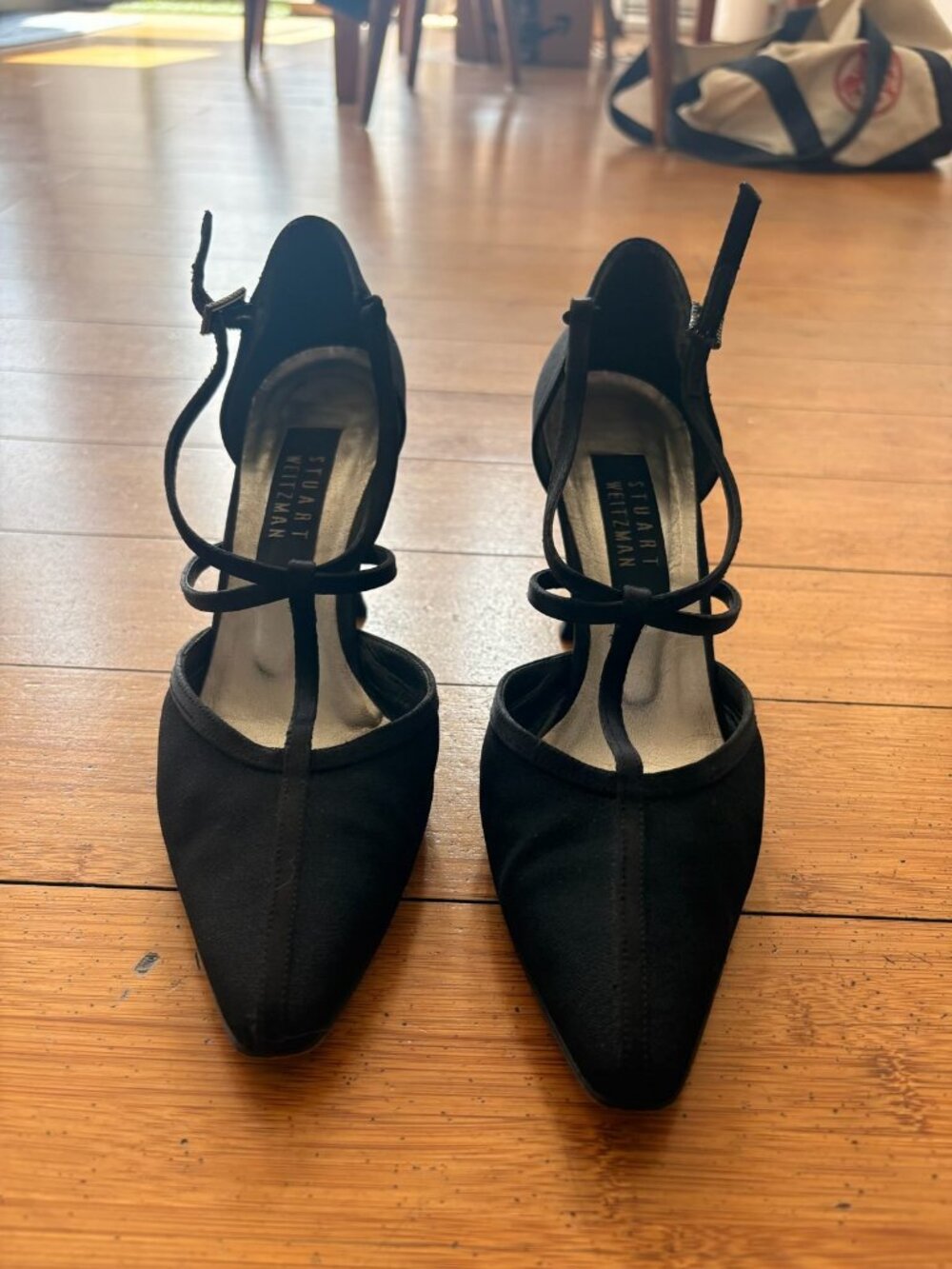 Stuart Weitzman Black Satin Mary Jane Pumps Spool Heel
